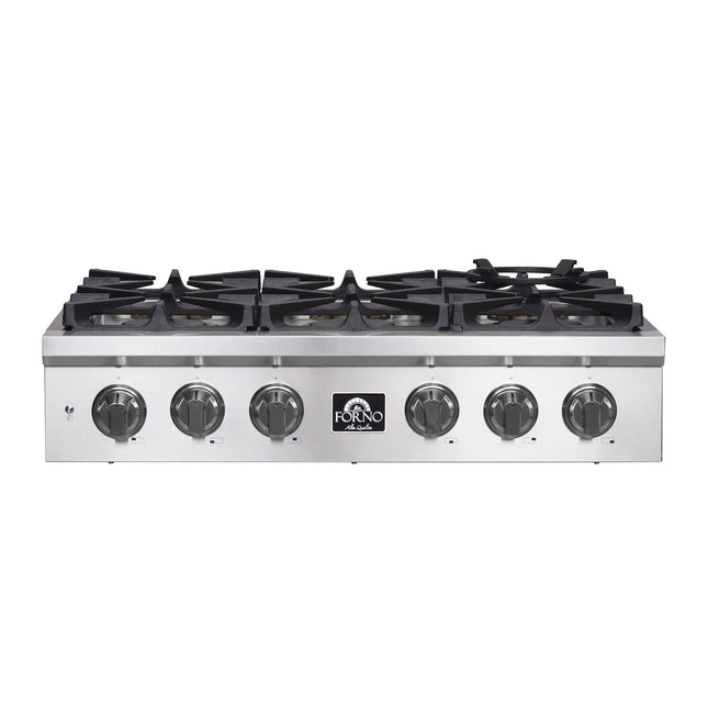 Forno Spezia Alta Qualita 36-Inch Pro-Style Gas Rangetop, Stainless Steel, 6 Sealed Burners, Continuous Cast Iron Grates, High Heat Output FORNO