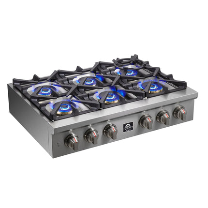 Forno Spezia Alta Qualita 36-Inch Pro-Style Gas Rangetop, Stainless Steel, 6 Sealed Burners, Continuous Cast Iron Grates, High Heat Output FORNO
