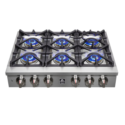Forno Spezia Alta Qualita 36-Inch Pro-Style Gas Rangetop, Stainless Steel, 6 Sealed Burners, Continuous Cast Iron Grates, High Heat Output FORNO