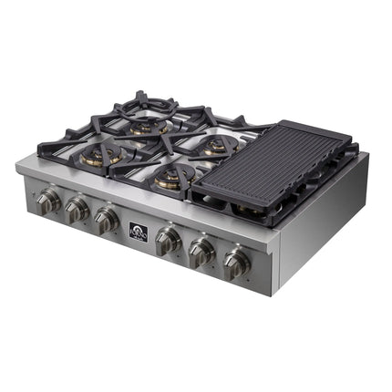 Forno Spezia Alta Qualita 36-Inch Pro-Style Gas Rangetop, Stainless Steel, 6 Sealed Burners, Continuous Cast Iron Grates, High Heat Output FORNO