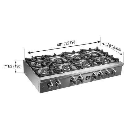 Forno Spezia Alta Qualita 48-Inch Pro-Style Gas Rangetop, Stainless Steel, 8 Sealed Burners, Continuous Cast Iron Grates, High Heat Output FORNO
