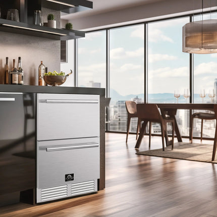 Forno Como 24-Inch Indoor Outdoor Drawer Refrigerator, 4.87 cu.ft, Stainless Steel Interior, Adjustable Shelves, LED Lighting FORNO