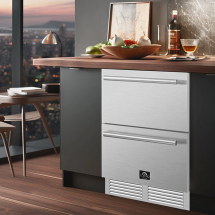 Forno Como 24-Inch Indoor Outdoor Drawer Refrigerator, 4.87 cu.ft, Stainless Steel Interior, Adjustable Shelves, LED Lighting FORNO