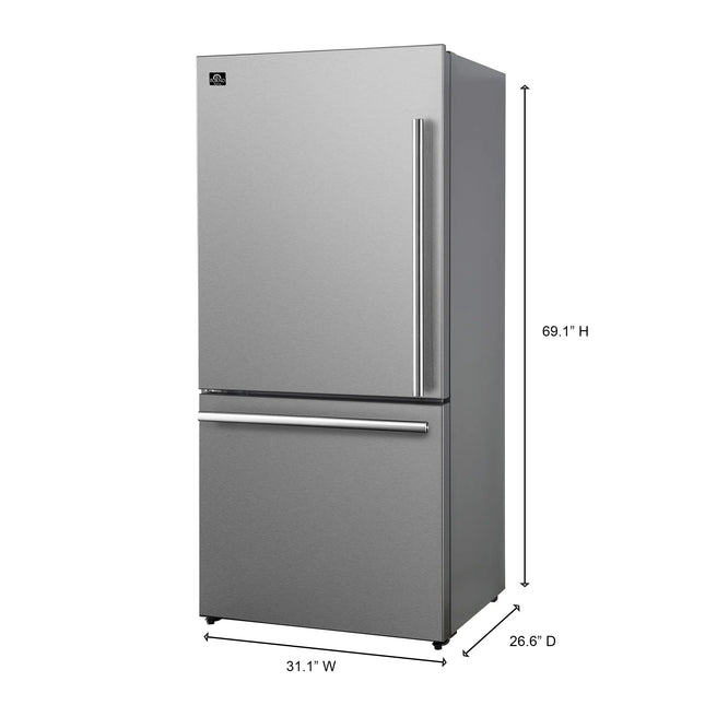 Forno Milano Espresso 31-Inch Stainless Steel Bottom Freezer Refrigerator, 17.2 cu.ft., Built-In Ice Maker, ENERGY STAR FORNO