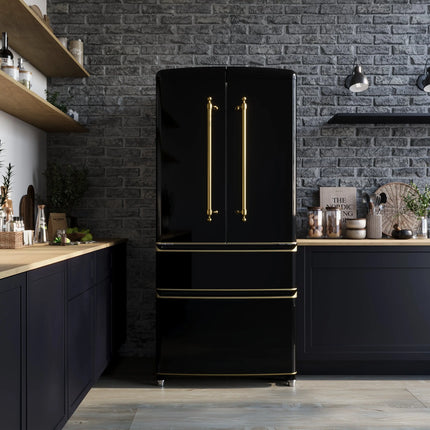 Forno Luigi 33-Inch French Door Refrigerator, 18 cu.ft, Black Finish, Antique Brass Handles, ENERGY STAR Certified FORNO