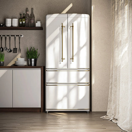 Forno Luigi 33-Inch French Door Refrigerator, 18 cu.ft, White Finish, Antique Brass Handles, ENERGY STAR Certified FORNO