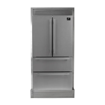 FORNO Premium 2-Piece Kitchen Bundle - Galiano 48" Stainless Steel Range, Forno Moena 36" French Door 19.2 cu. ft Stainless Steel Refrigerator, with Decorative Grill - 40" Wide - FBDL-019-03CAUS FORNO