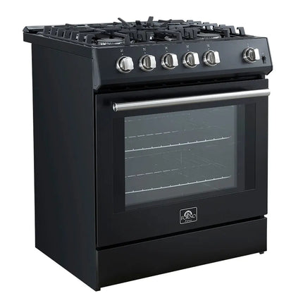 Forno Leonardo Espresso 30-Inch Black Gas Range, 5 Burners, 39,500 BTU, 5 cu.ft Convection Oven FORNO