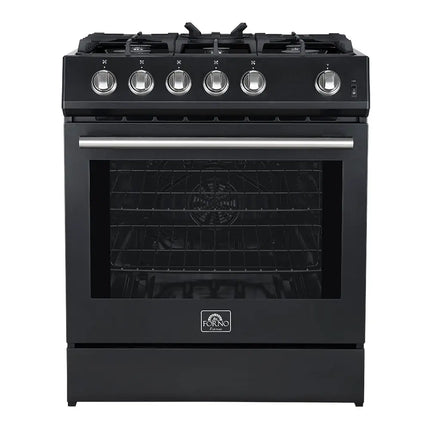 Forno Leonardo Espresso 30-Inch Black Gas Range, 5 Burners, 39,500 BTU, 5 cu.ft Convection Oven FORNO