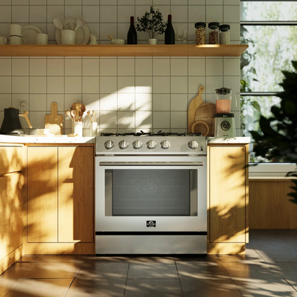 Forno Leonardo 30-Inch Stainless Steel Gas Range, 5 Sealed Burners (Totaling 39,500 BTU), 5 cu.ft. Convection Oven, Continuous Cast Iron Grates, Black Enamel Interior, Auto Re-Ignition, LP Conversion Kit Included FORNO