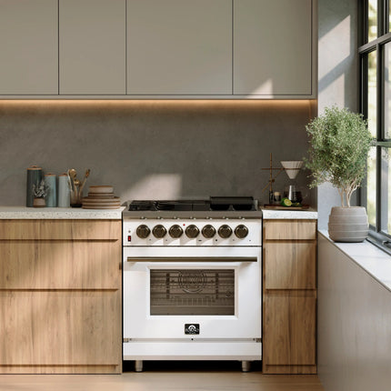 Forno Massimo 30-Inch Freestanding Dual Fuel Range in White with Antique Brass Accessories, 4 Burners, 4.32 cu. ft. Convection Oven FORNO