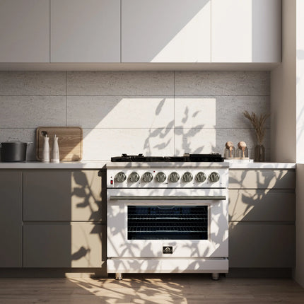 Forno Massimo 36 Inch Freestanding Dual Fuel Range in White with Antique Brass Accessories, 6 Burners, 5.36 cu. ft. Convection Oven FORNO