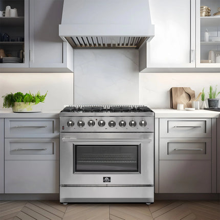 FORNO Premium 3-Piece Kitchen Bundle - Galiano 36" Dual Fuel Range, 36" French Door Refrigerator, 24" Built-In Dishwasher - FBDL-004-02CAUS FORNO