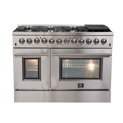 FORNO Premium 3-Piece Kitchen Bundle - FORNO Galiano 48" Freestanding Dual Fuel Range, FORNO Maderno 60" 2-Piece Convertible Refrigerator/Freezer Built-In with Decorative Grill Trim, 27.2 cu.ft., FORNO Orvieto 48" Wall Mount Range Hood - FBDL-017-04CAUS Forno vendors US