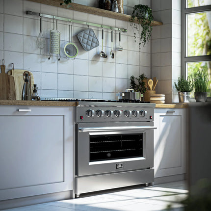 Forno Galiano 36-Inch Freestanding Gas Range, Stainless Steel, 6 Burners, Energy Efficient FORNO