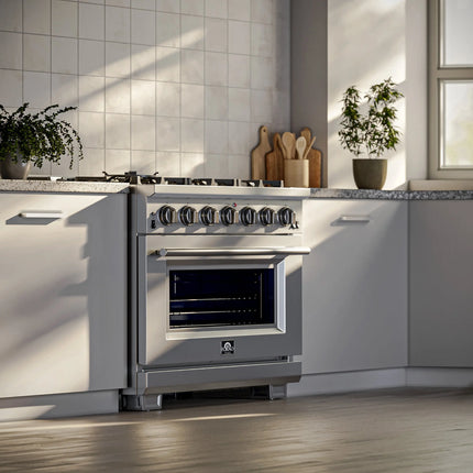 Forno Capriasca 36-Inch Gas Range, Stainless Steel, 6 Brass Burners, 120,000 BTU, Convection Oven, Energy Efficient FORNO