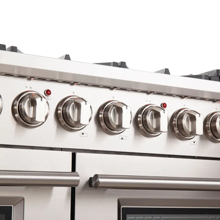 FORNO Capriasca 48-inch Gas Range Stainless Steel, 8 Brass Burners 160,000 BTU, 6.58 cu.ft. Double Oven FORNO