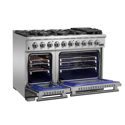 FORNO Capriasca 48-inch Gas Range Stainless Steel, 8 Brass Burners 160,000 BTU, 6.58 cu.ft. Double Oven FORNO