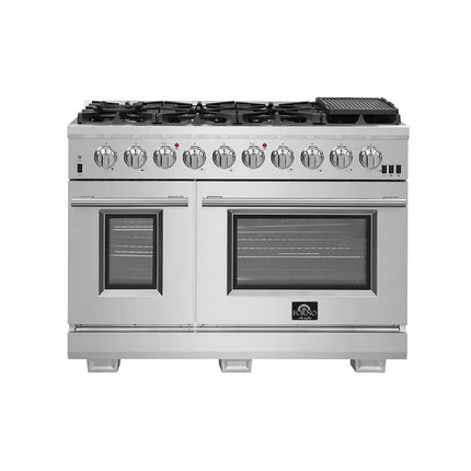 FORNO Premium 3-Piece Kitchen Bundle - FORNO Capriasca 48" Freestanding Gas Range, FORNO Maderno 60" 2-Piece Convertible Refrigerator/Freezer Built-In with Decorative Grill Trim, 27.2 cu.ft., FORNO Orvieto 48" Wall Mount Range Hood - FBDL-019-07CAUS Forno vendors US