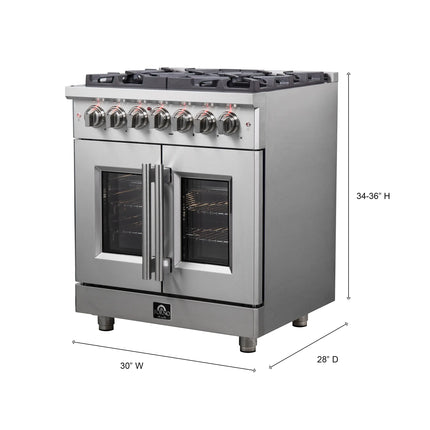 Forno Massimo 30-Inch Freestanding French Door Dual Fuel Range, 4 Burners, True Convection Oven FORNO