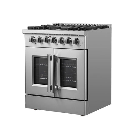 Forno Galiano 30-inch French Door Dual Fuel Range All Stainless Steel, 5 Sealed Burners 68,000 BTU, 4.32 cu.ft. True Convection Oven FORNO
