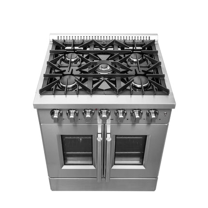 Forno Galiano 30-inch French Door Dual Fuel Range All Stainless Steel, 5 Sealed Burners 68,000 BTU, 4.32 cu.ft. True Convection Oven FORNO