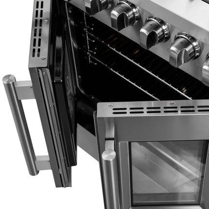Forno Galiano 30-inch French Door Dual Fuel Range All Stainless Steel, 5 Sealed Burners 68,000 BTU, 4.32 cu.ft. True Convection Oven FORNO