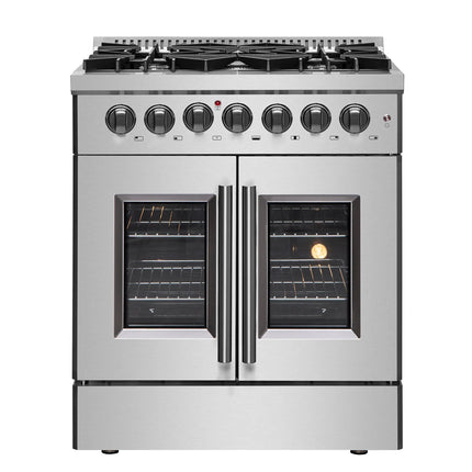 Forno Galiano 30-inch French Door Dual Fuel Range All Stainless Steel, 5 Sealed Burners 68,000 BTU, 4.32 cu.ft. True Convection Oven FORNO