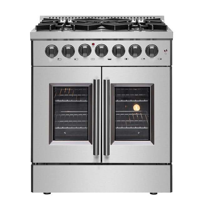 Forno Galiano 30-inch French Door Dual Fuel Range All Stainless Steel, 5 Sealed Burners 68,000 BTU, 4.32 cu.ft. True Convection Oven FORNO