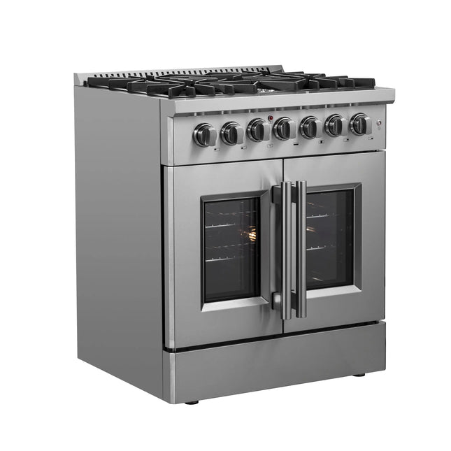 Forno Galiano 30-inch French Door Dual Fuel Range All Stainless Steel, 5 Sealed Burners 68,000 BTU, 4.32 cu.ft. True Convection Oven FORNO