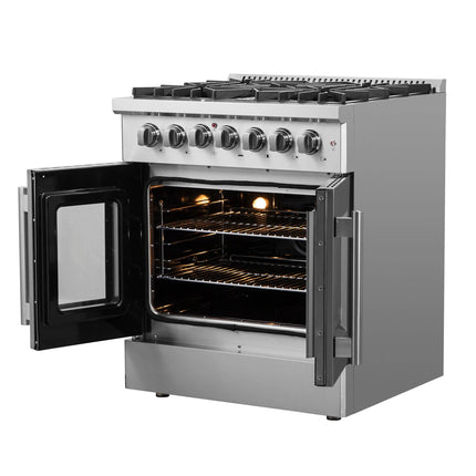Forno Galiano 30-inch French Door Dual Fuel Range All Stainless Steel, 5 Sealed Burners 68,000 BTU, 4.32 cu.ft. True Convection Oven FORNO