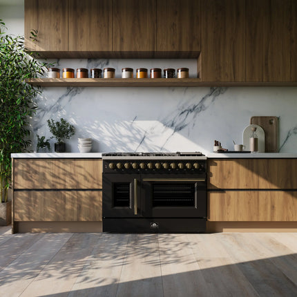 Forno Galiano 48-inch French Door Dual Fuel Range, Black & Antique Brass Design, 8 Sealed Burners - 107,000 BTU, Griddle, 6.58 cu.ft. Double Ovens FORNO