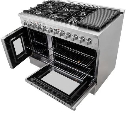 FORNO Galiano 48-Inch French Door Dual Fuel Range All Stainless Steel, 8 Sealed Burners, 107,000 BTU, Griddle, 6.58 cu.ft. Double Ovens FORNO