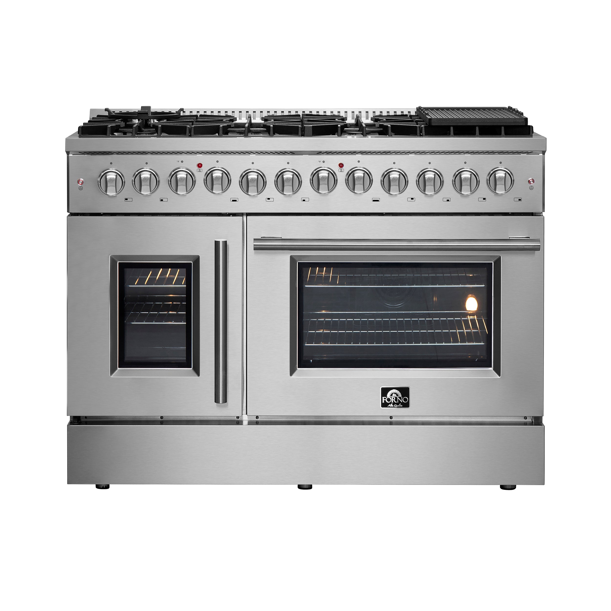 FORNO Galiano 48-Inch French Door Dual Fuel Range All Stainless Steel, 8 Sealed Burners, 107,000 BTU, Griddle, 6.58 cu.ft. Double Ovens