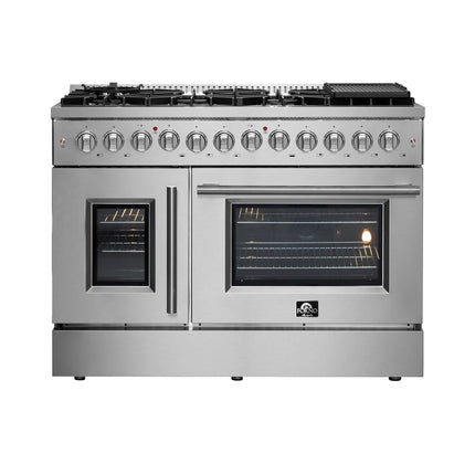 FORNO Galiano 48-Inch French Door Dual Fuel Range All Stainless Steel, 8 Sealed Burners, 107,000 BTU, Griddle, 6.58 cu.ft. Double Ovens FORNO