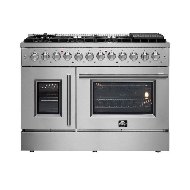 FORNO Galiano 48-Inch French Door Dual Fuel Range All Stainless Steel, 8 Sealed Burners, 107,000 BTU, Griddle, 6.58 cu.ft. Double Ovens FORNO