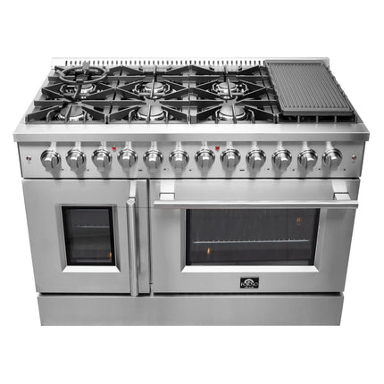 FORNO Galiano 48-Inch French Door Dual Fuel Range All Stainless Steel, 8 Sealed Burners, 107,000 BTU, Griddle, 6.58 cu.ft. Double Ovens FORNO