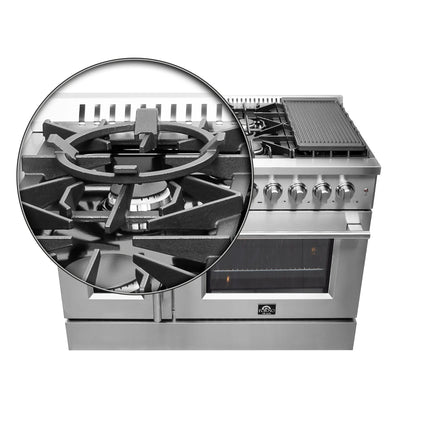 FORNO Galiano 48-Inch French Door Dual Fuel Range All Stainless Steel, 8 Sealed Burners, 107,000 BTU, Griddle, 6.58 cu.ft. Double Ovens FORNO