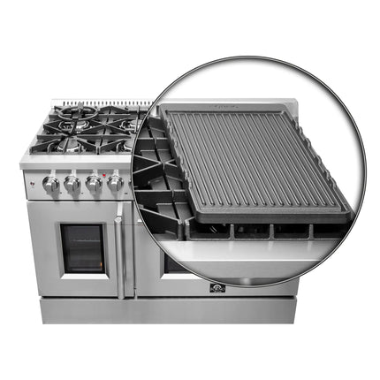 FORNO Galiano 48-Inch French Door Dual Fuel Range All Stainless Steel, 8 Sealed Burners, 107,000 BTU, Griddle, 6.58 cu.ft. Double Ovens FORNO