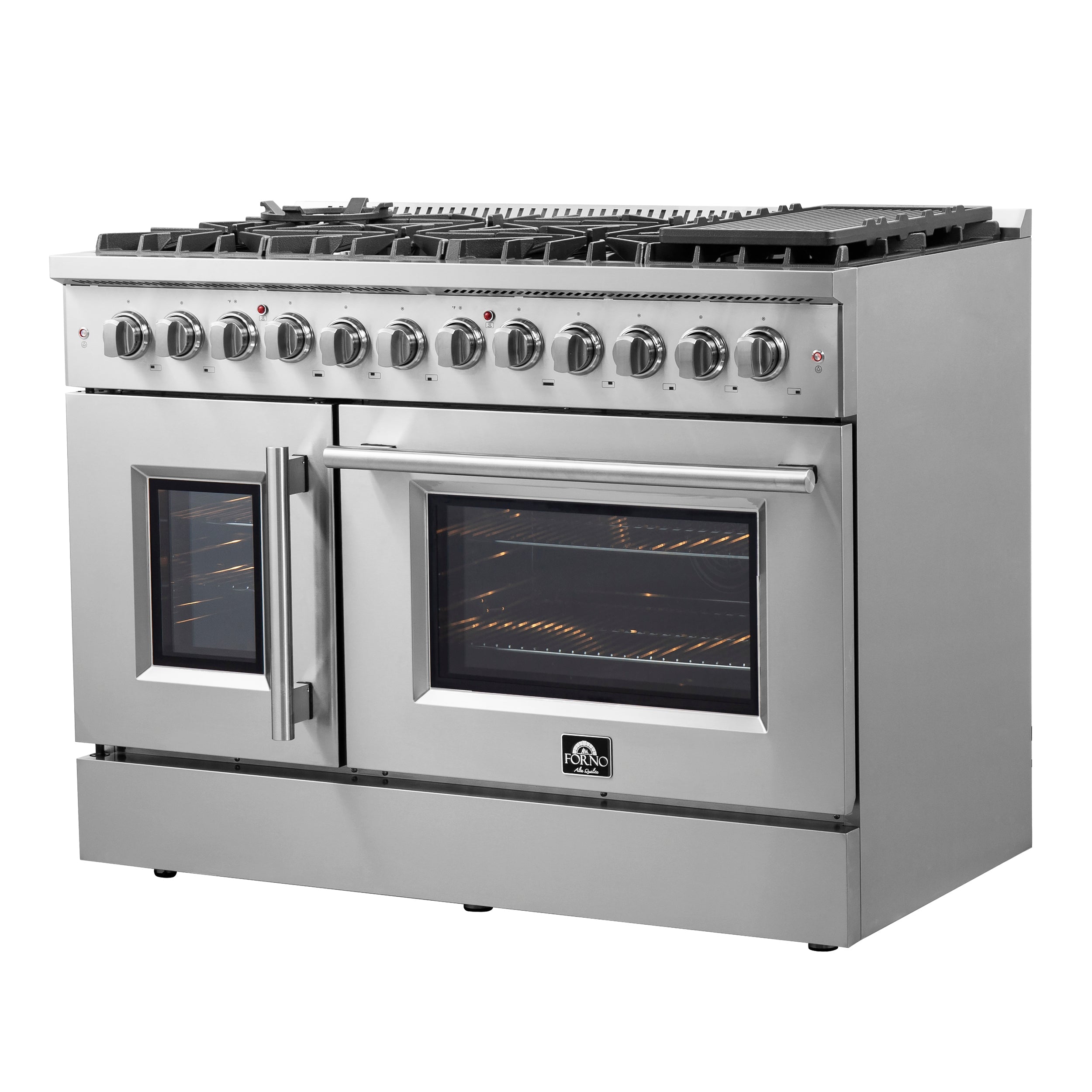 FORNO Galiano 48-Inch French Door Dual Fuel Range All Stainless Steel, 8 Sealed Burners, 107,000 BTU, Griddle, 6.58 cu.ft. Double Ovens