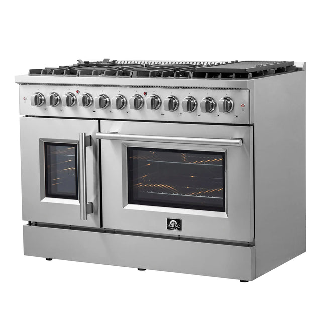 FORNO Galiano 48-Inch French Door Dual Fuel Range All Stainless Steel, 8 Sealed Burners, 107,000 BTU, Griddle, 6.58 cu.ft. Double Ovens FORNO
