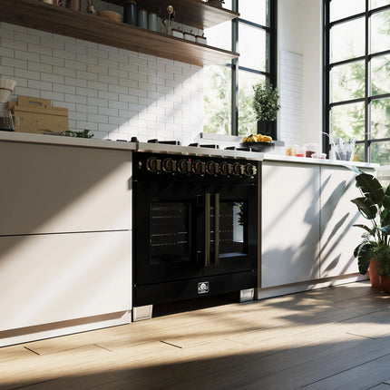 Forno Capriasca 36 Inch Freestanding French Door Dual Fuel Range in Black with Antique Brass Accessories, 6 Burners, True Convection Oven FORNO