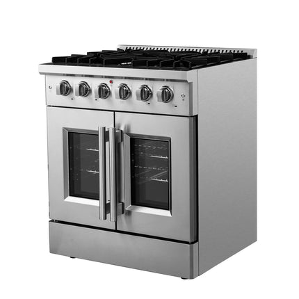 Forno Galiano 30-Inch Freestanding French Door Gas Range, 4 Burners, Convection Oven, Energy Efficient FORNO