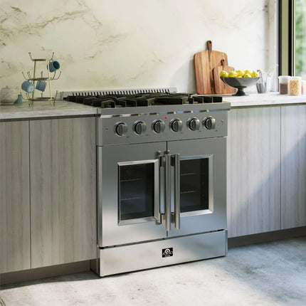 Forno Galiano 30-Inch Freestanding French Door Gas Range, 4 Burners, Convection Oven, Energy Efficient FORNO