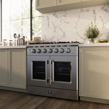 Forno Galiano 36-Inch Freestanding French Door Gas Range, 6 Burners, Convection Oven, Energy Efficient FORNO