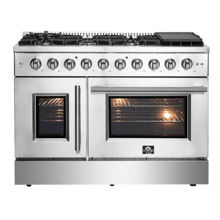 Forno Galiano 48-Inch Freestanding French Door Gas Range, 8 Burners, Griddle, Convection Oven, Energy Efficient FORNO