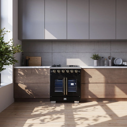 Forno Capriasca 30-Inch Freestanding French Door Gas Range, 4 Burners, Convection Oven, Energy Efficient FORNO
