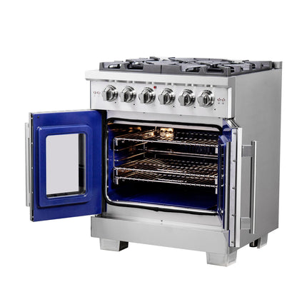 Forno Capriasca 30-Inch Freestanding French Door Gas Range, 4 Burners, Convection Oven, Energy Efficient FORNO