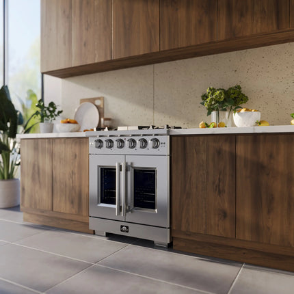Forno Capriasca 30-Inch Freestanding French Door Gas Range, 4 Burners, Convection Oven, Energy Efficient FORNO