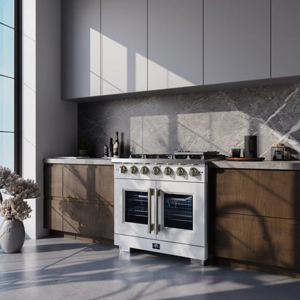 Forno Capriasca 36-Inch White Freestanding French Door Gas Range, 6 Burners, Convection Oven, Energy Efficient FORNO